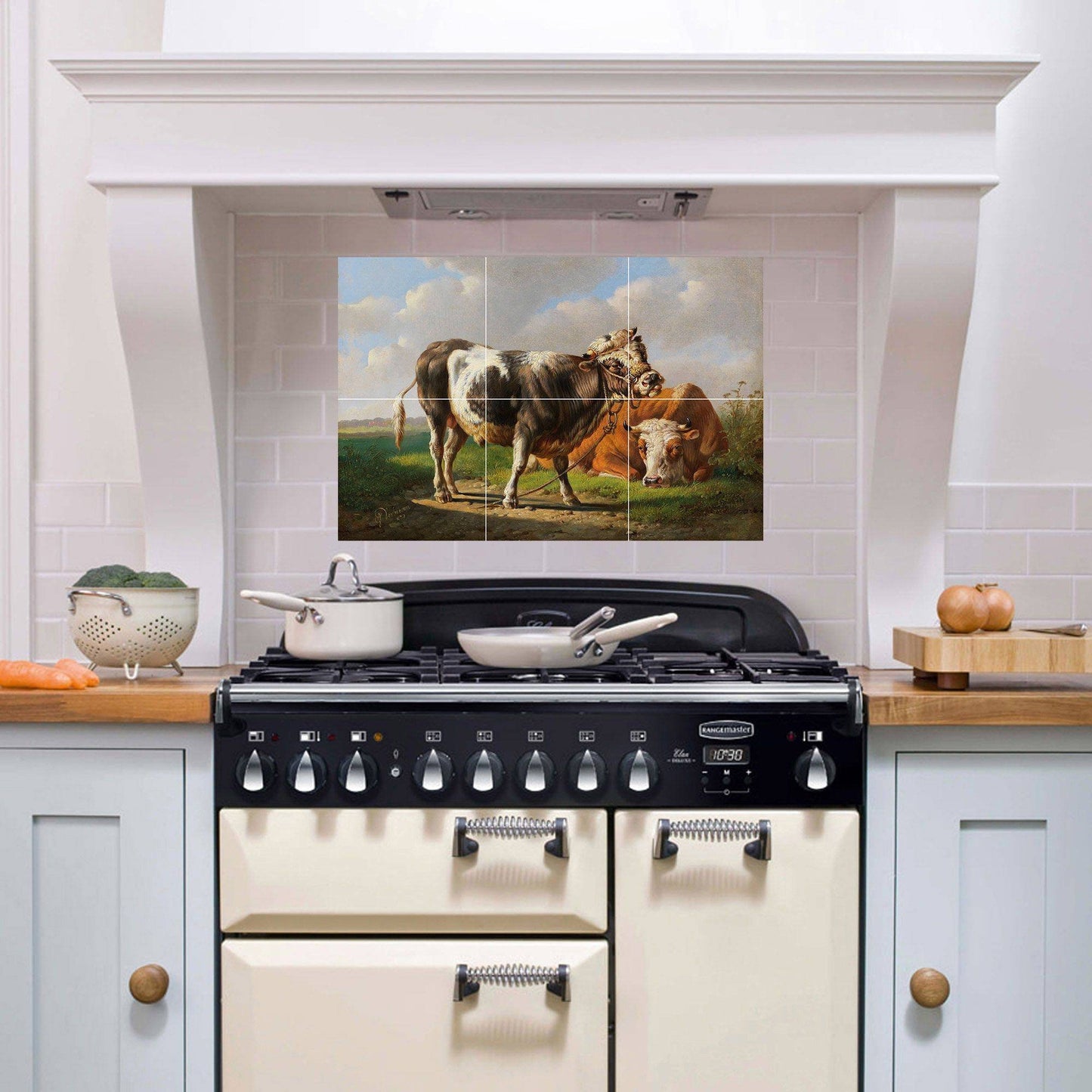 Tile Mural/Mosaic Ceramic Panel of Young Bull and Lying Cow - Albert Verhoesen Print -Cows Print - Tile Cow Mural - Gloss Tiles -Tile Mosaic