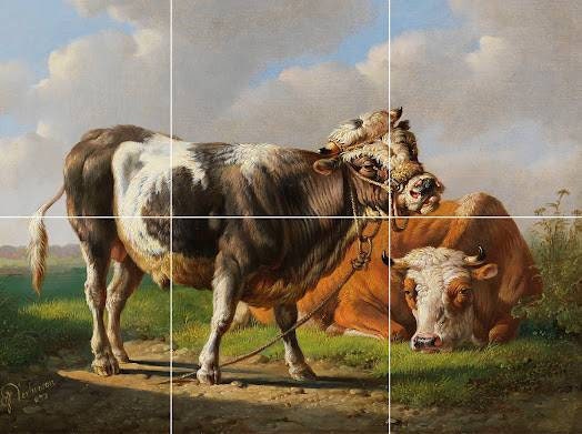 Tile Mural/Mosaic Ceramic Panel of Young Bull and Lying Cow - Albert Verhoesen Print -Cows Print - Tile Cow Mural - Gloss Tiles -Tile Mosaic