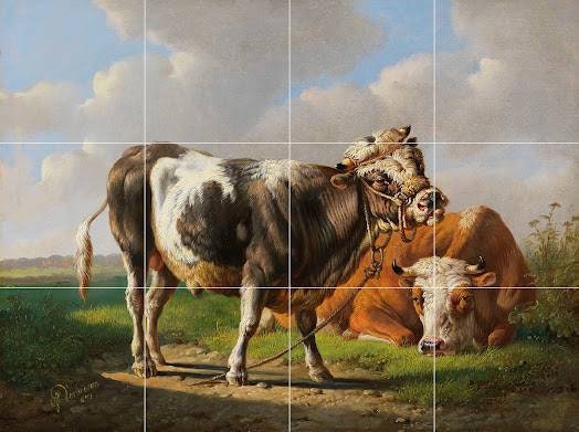 Tile Mural/Mosaic Ceramic Panel of Young Bull and Lying Cow - Albert Verhoesen Print -Cows Print - Tile Cow Mural - Gloss Tiles -Tile Mosaic
