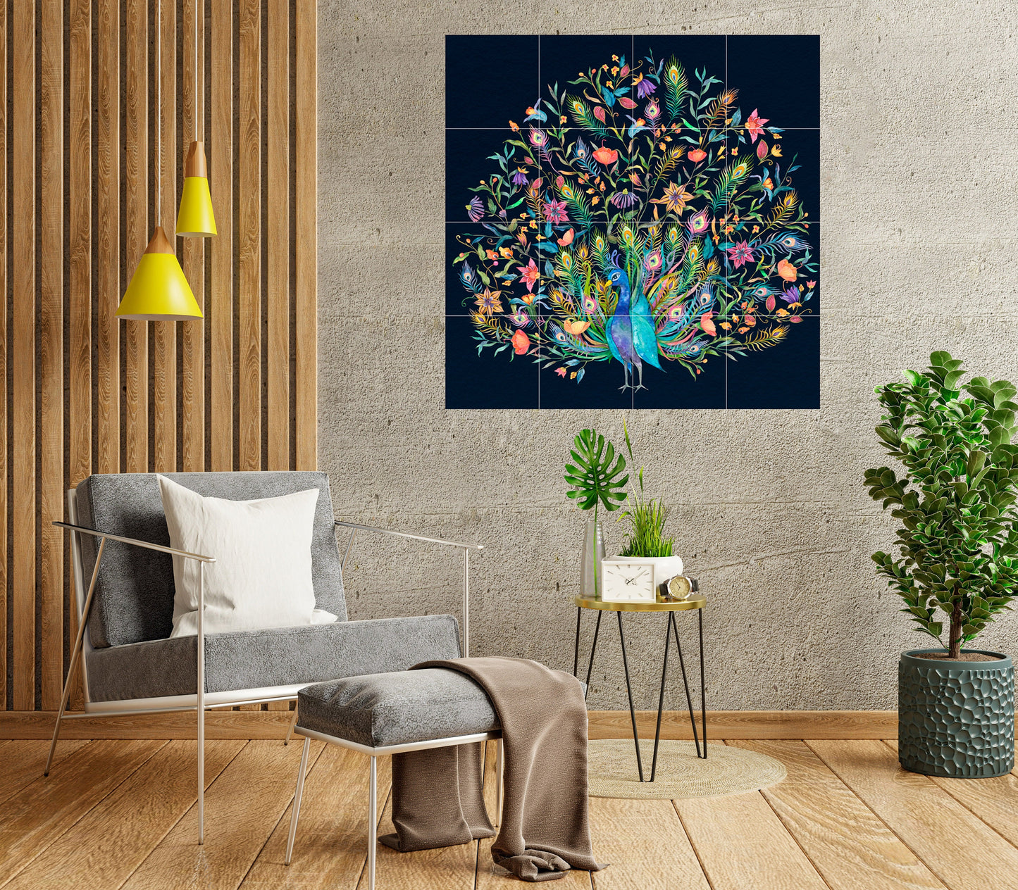 Tile Mural/Mosaic Ceramic Panel of a Peacock and flowers - Peacock Wall Art - Peacock wall print - Tile Mural - Gloss Tiles - Tile Mosaic