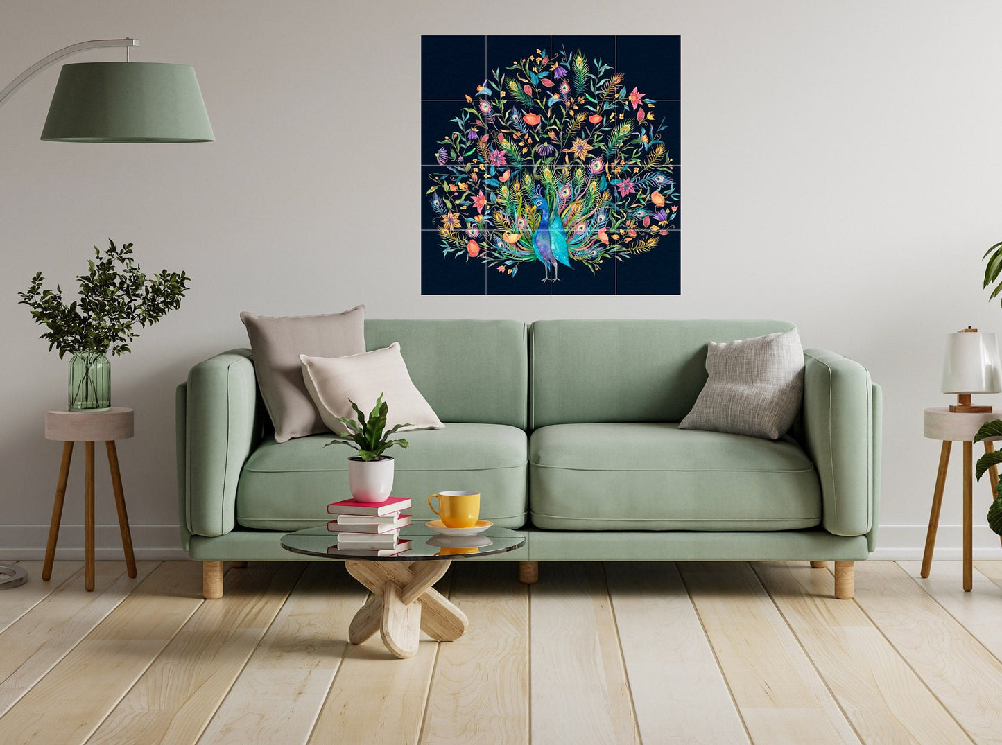 Tile Mural/Mosaic Ceramic Panel of a Peacock and flowers - Peacock Wall Art - Peacock wall print - Tile Mural - Gloss Tiles - Tile Mosaic