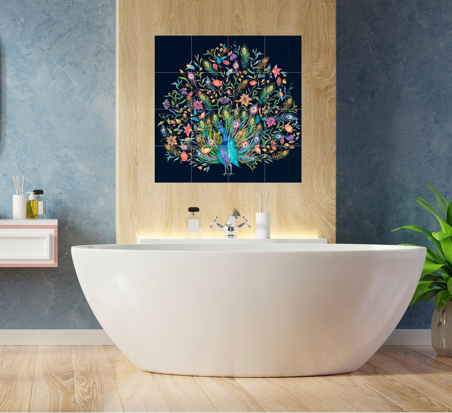 Tile Mural/Mosaic Ceramic Panel of a Peacock and flowers - Peacock Wall Art - Peacock wall print - Tile Mural - Gloss Tiles - Tile Mosaic