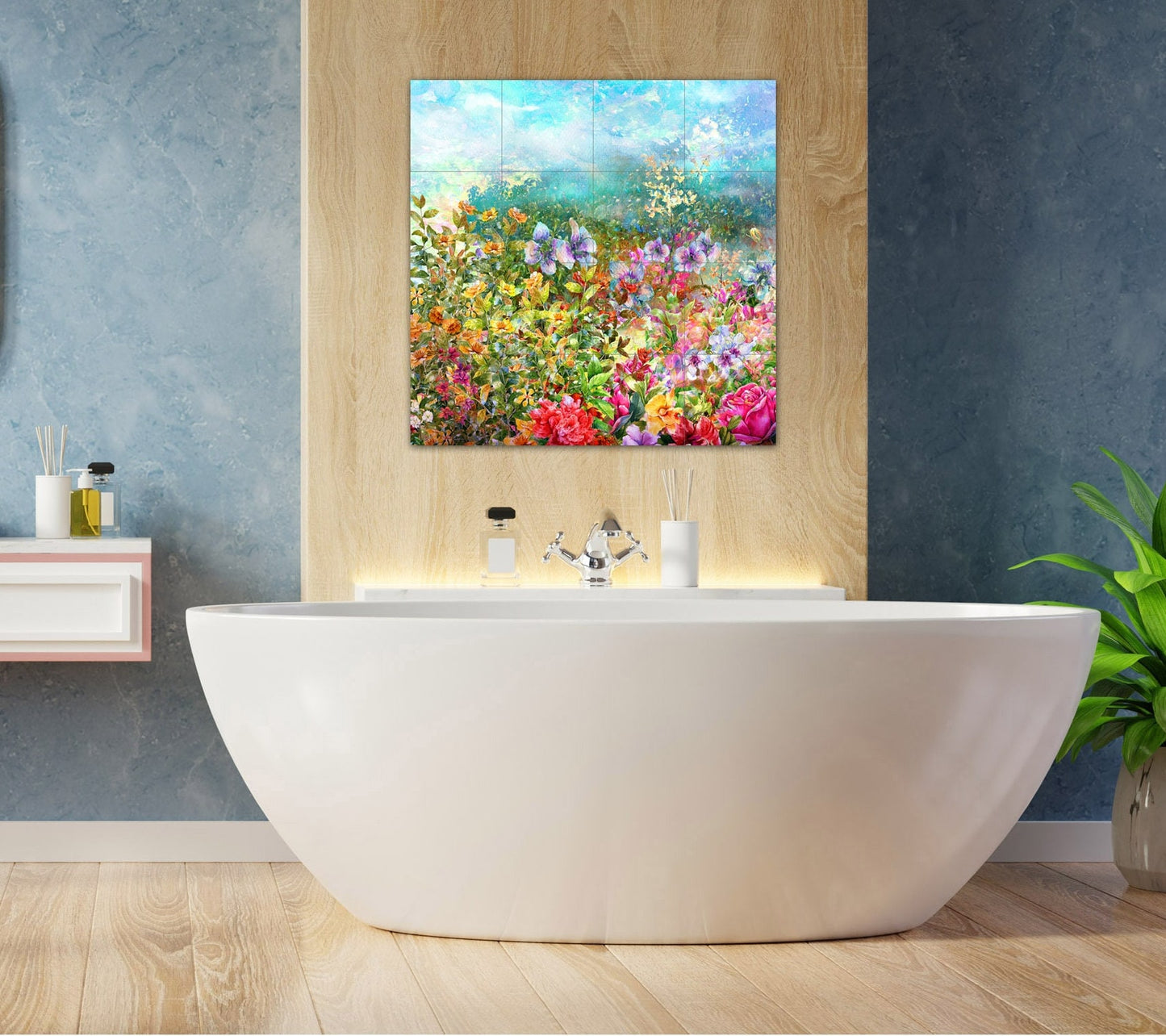 Tile Mural/Mosaic Ceramic of Watercolor Flowers - Flowers Tile Mural - Flowers Wall Art - Tile Mural - Gloss Tiles - Tile Mosaic -Home decor