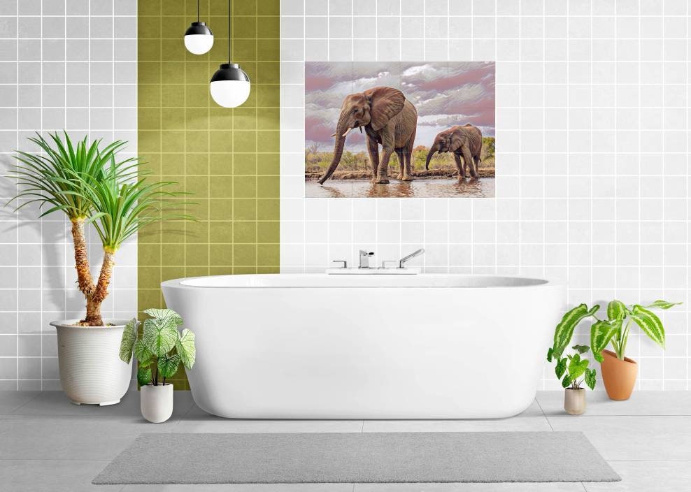 Tile Mural/Mosaic Ceramic Panel of an Elephant and Baby - Elephant wall print - Elephant wall art -Tile Mural - Gloss Tiles - Tile Mosaic