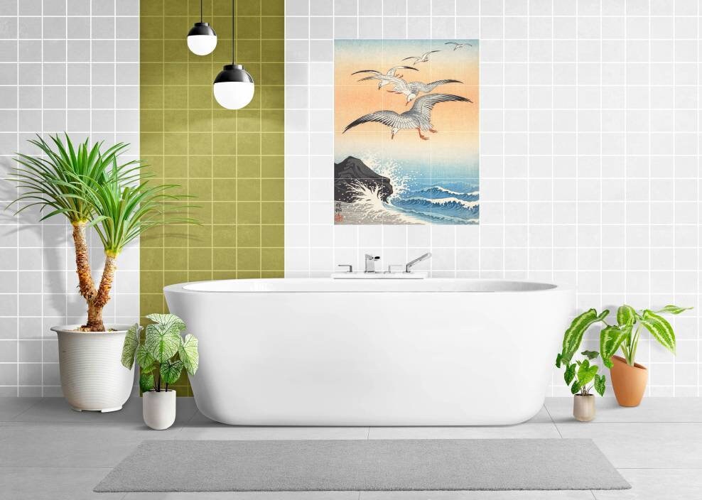 Tile Mural/Mosaic Ceramic Panel of Ohara Koson Five Seagulls - Ohara Koson wall print - Japanese print- Tile Mural -Gloss Tiles -Tile Mosaic