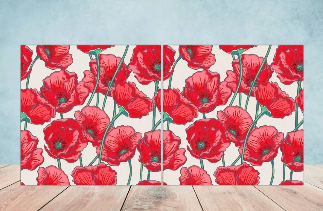 Poppy Tile Floral Tiles Flowers Design - Set of 2 Poppies Wall Decor Tiles - Kitchen Backsplash Tiles, Table Decorative Tiles, Bathroom