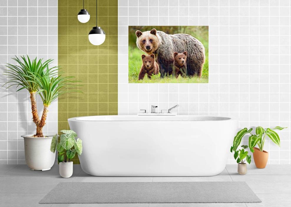 Tile Mural/Mosaic Ceramic Panel of a Grizzly Bear with Cubs - Bear wall print - Bear Tile Mural - Wildlife print - Gloss Tiles - Tile Mosaic