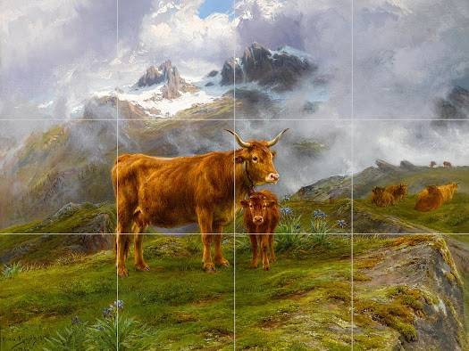 Tile Mural/Mosaic Ceramic Panel of Highland Cattle - Bonheur - Colourful Wall Nature Art - Tile Mural - Gloss Tiles - Tile Mosaic