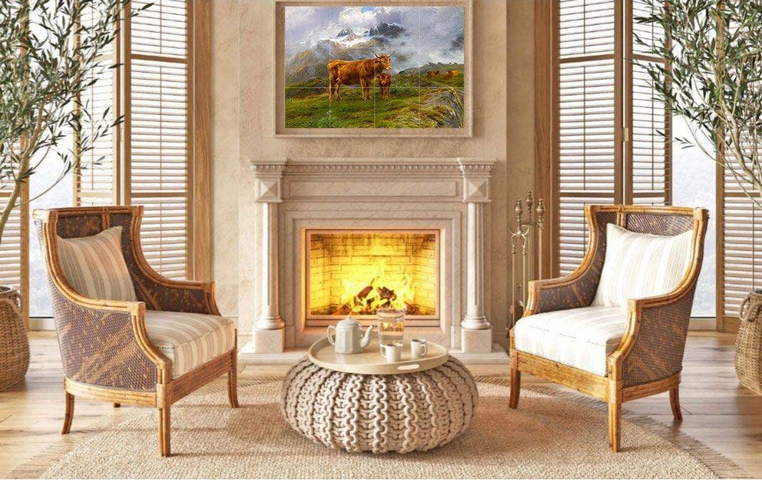Tile Mural/Mosaic Ceramic Panel of Highland Cattle - Bonheur - Colourful Wall Nature Art - Tile Mural - Gloss Tiles - Tile Mosaic