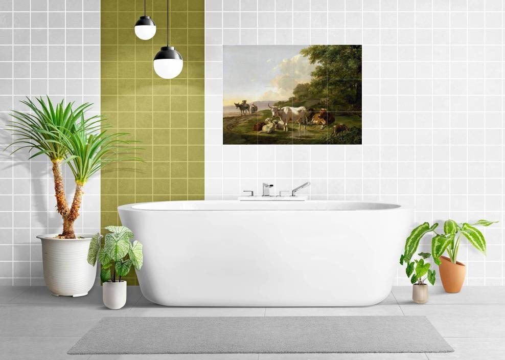 Tile Mural/Mosaic Ceramic Panel of a Gerardus van Os Landscape with Cattle - Cows wall print - van Os Tile Mural - Gloss Tiles -Tile Mosaic