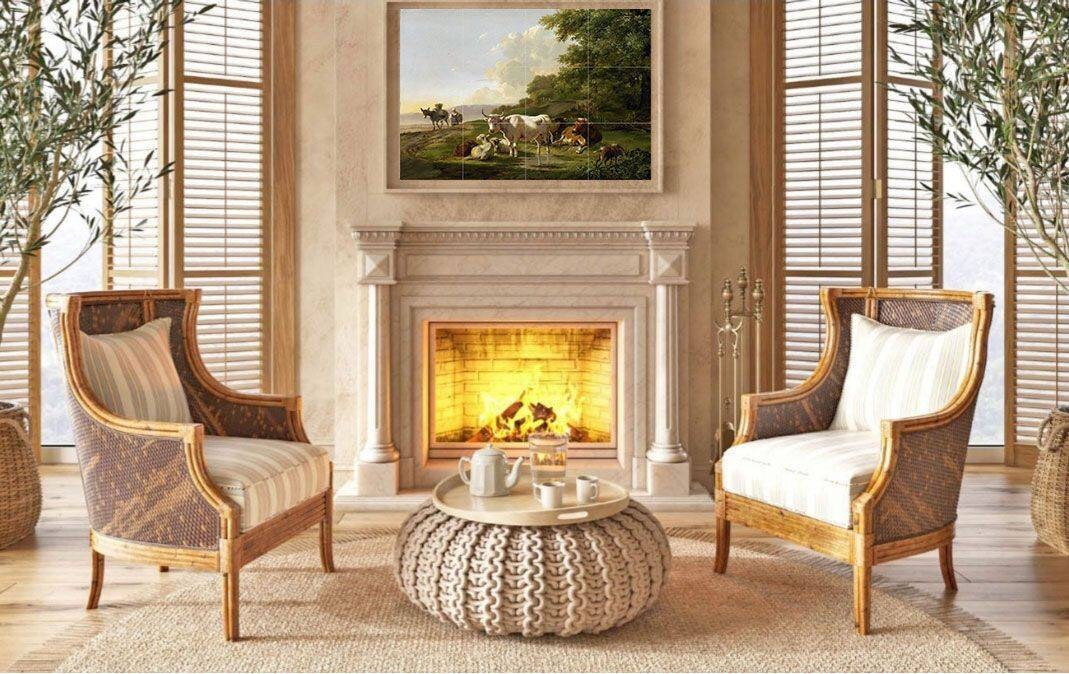 Tile Mural/Mosaic Ceramic Panel of a Gerardus van Os Landscape with Cattle - Cows wall print - van Os Tile Mural - Gloss Tiles -Tile Mosaic