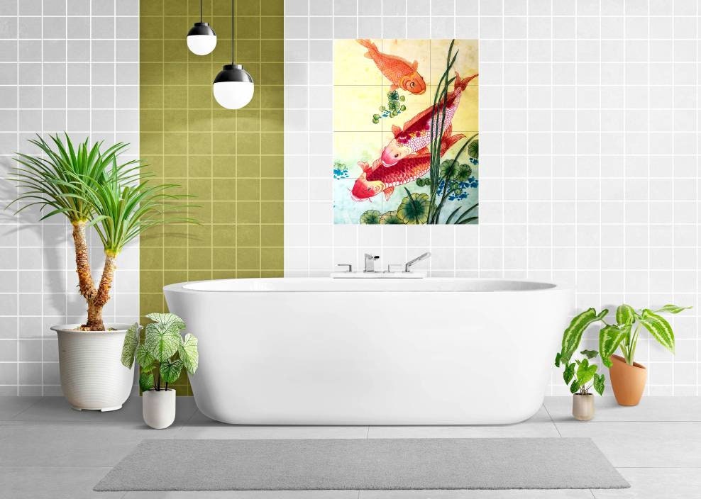 Tile Mural/Mosaic Ceramic Panel of a Japanese Koi Fish Japan Painting - Colourful Wall Nature Art - Tile Mural - Gloss Tiles - Tile Mosaic