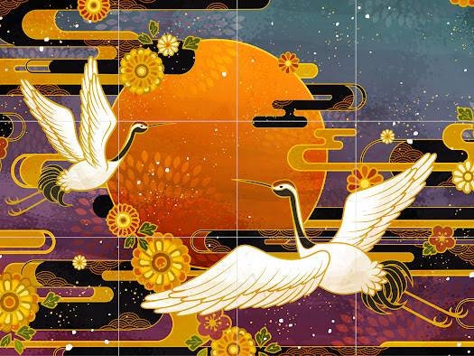 Tile Mural/Mosaic Ceramic Panel of Japanese Cranes - Japanese wall art - Crane Wall Art - Crane bird print Tile Mural - Bird Tile Mosaic