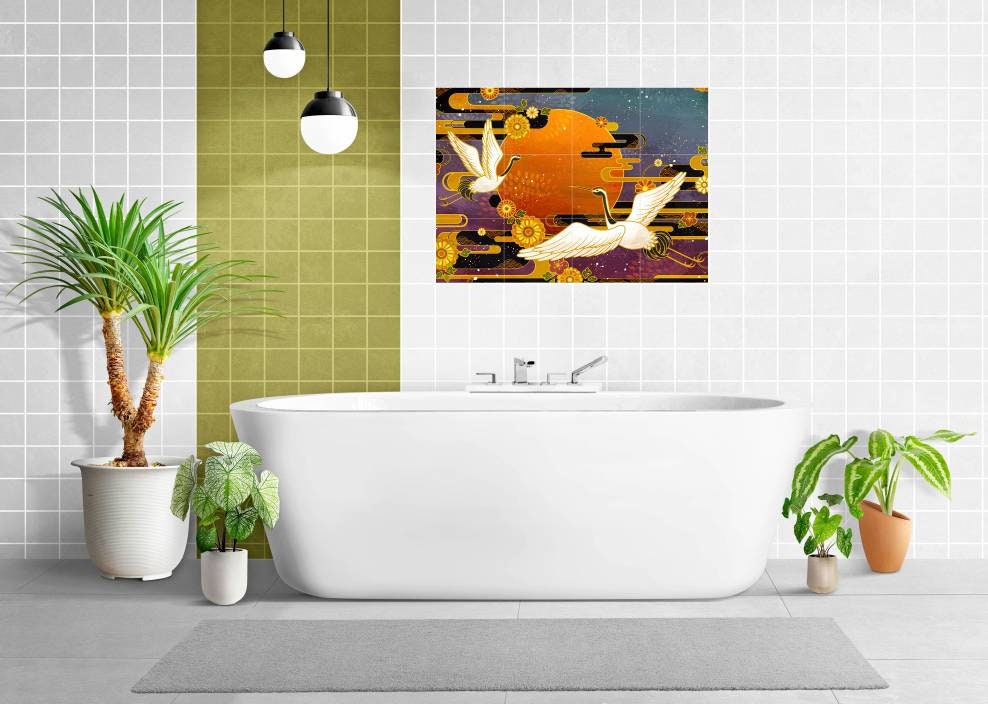 Tile Mural/Mosaic Ceramic Panel of Japanese Cranes - Japanese wall art - Crane Wall Art - Crane bird print Tile Mural - Bird Tile Mosaic