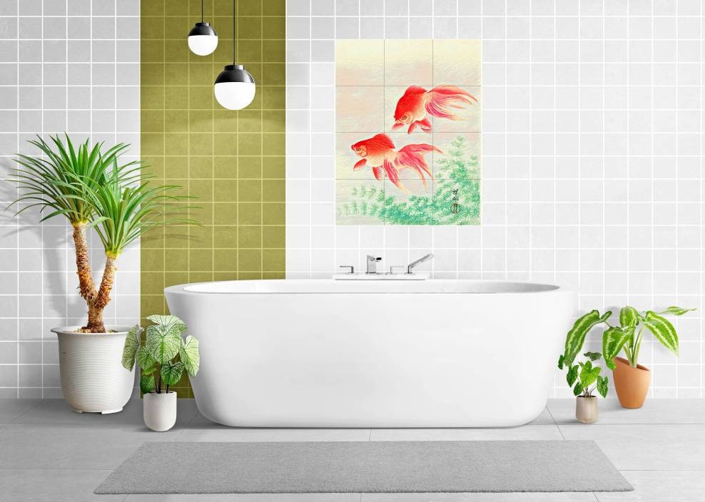 Tile Mural/Mosaic Ceramic Panel of Ohara Koson Two veil Goldfish - Gold fish wall print - Tile Mural -Gloss Tiles - Tile Mosaic - Fish Mural