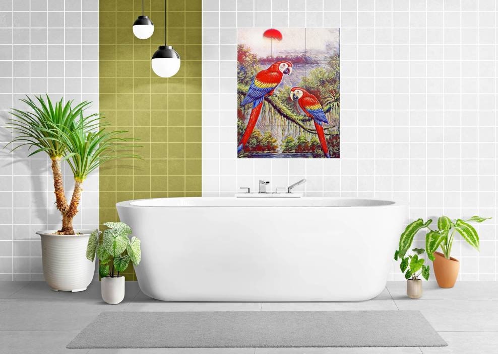 Tile Mural/Mosaic Ceramic Panel of Parrots in the jungle - Parrtos wall print - Tropical nature print - Tile Mural -Gloss Tiles -Tile Mosaic