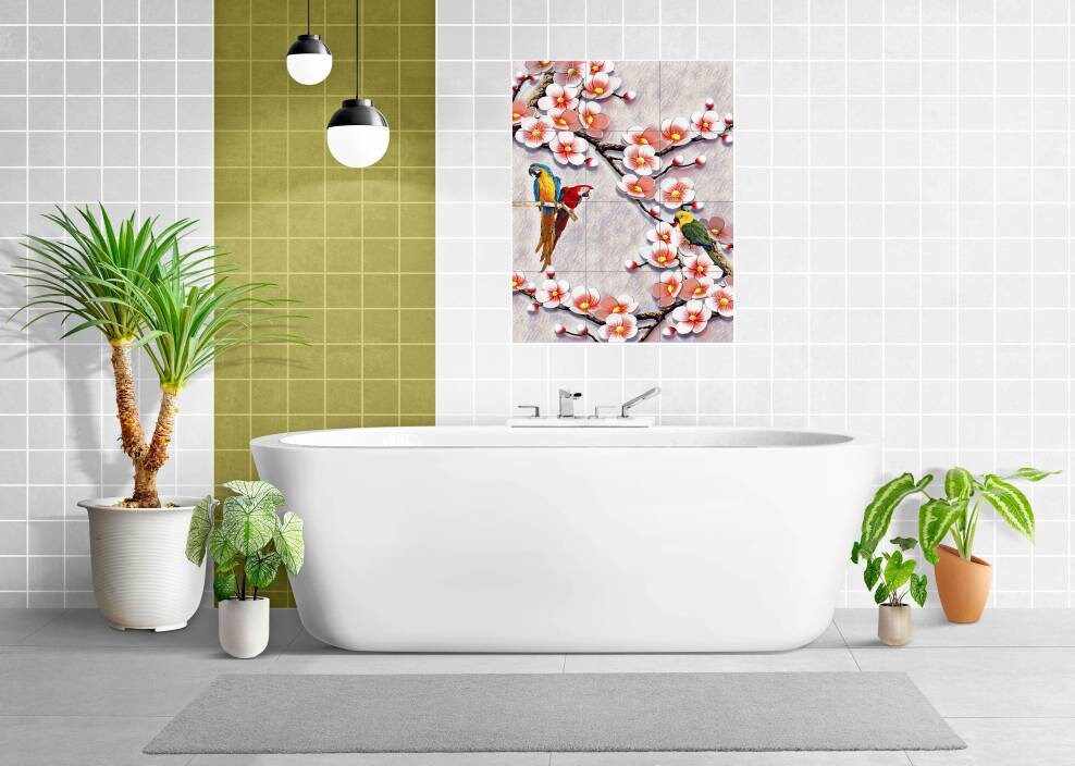 Tile Mural/Mosaic Ceramic Panel of Parrot and Flowers - Parrot Wall Nature Art - Tile Mural - Gloss Tiles - Tile Mosaic, Kitchen Mural