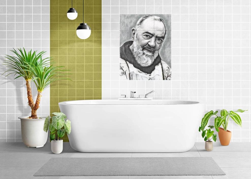 Tile Mural/Mosaic Ceramic Panel of Padre Pio - Christian Wall Art - Tile Mural - Padre Pio Print -Religious Tile Mosaic, Gift for Christians