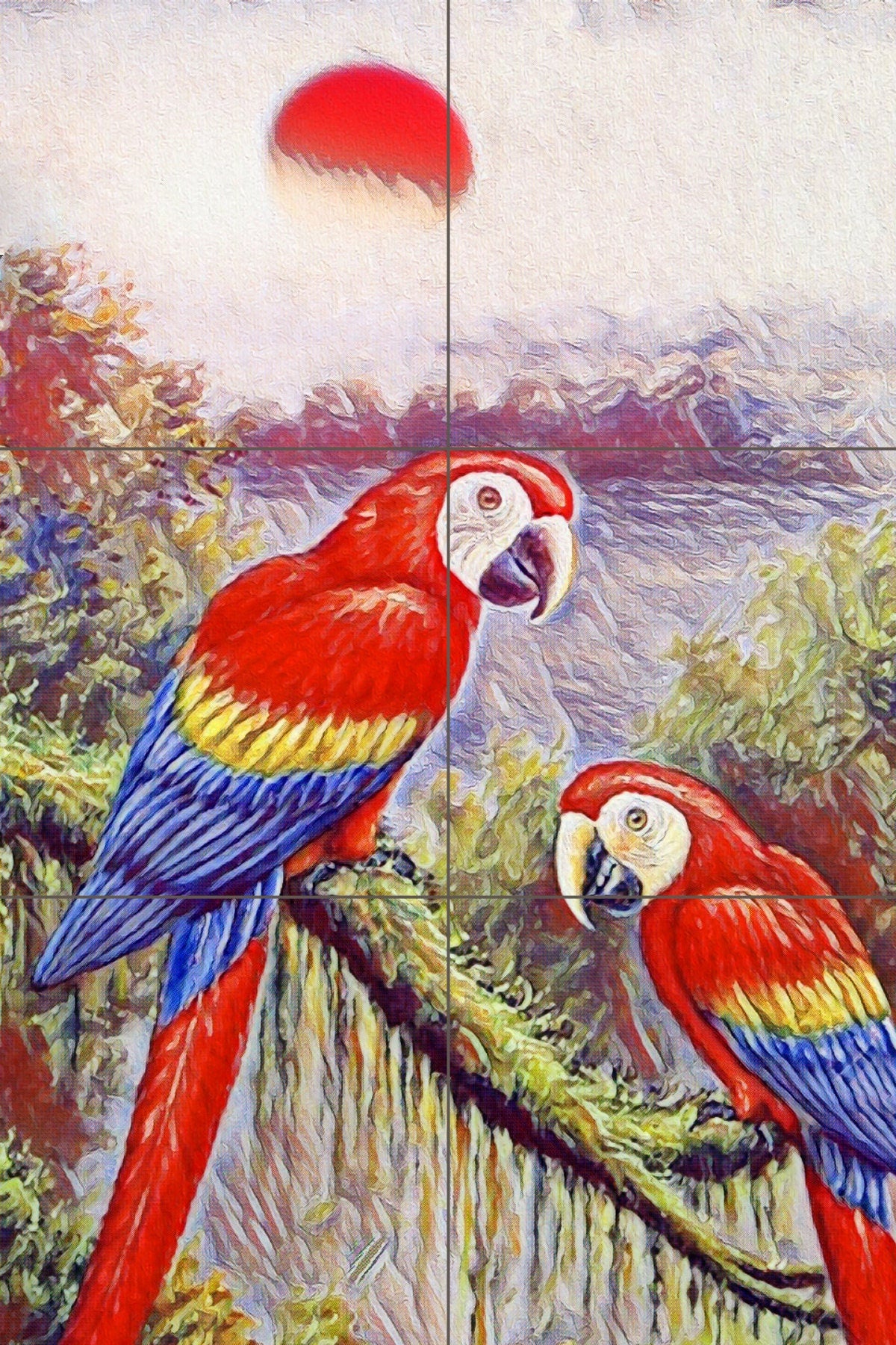 Tile Mural/Mosaic Ceramic Panel of Parrots in the jungle - Parrtos wall print - Tropical nature print - Tile Mural -Gloss Tiles -Tile Mosaic