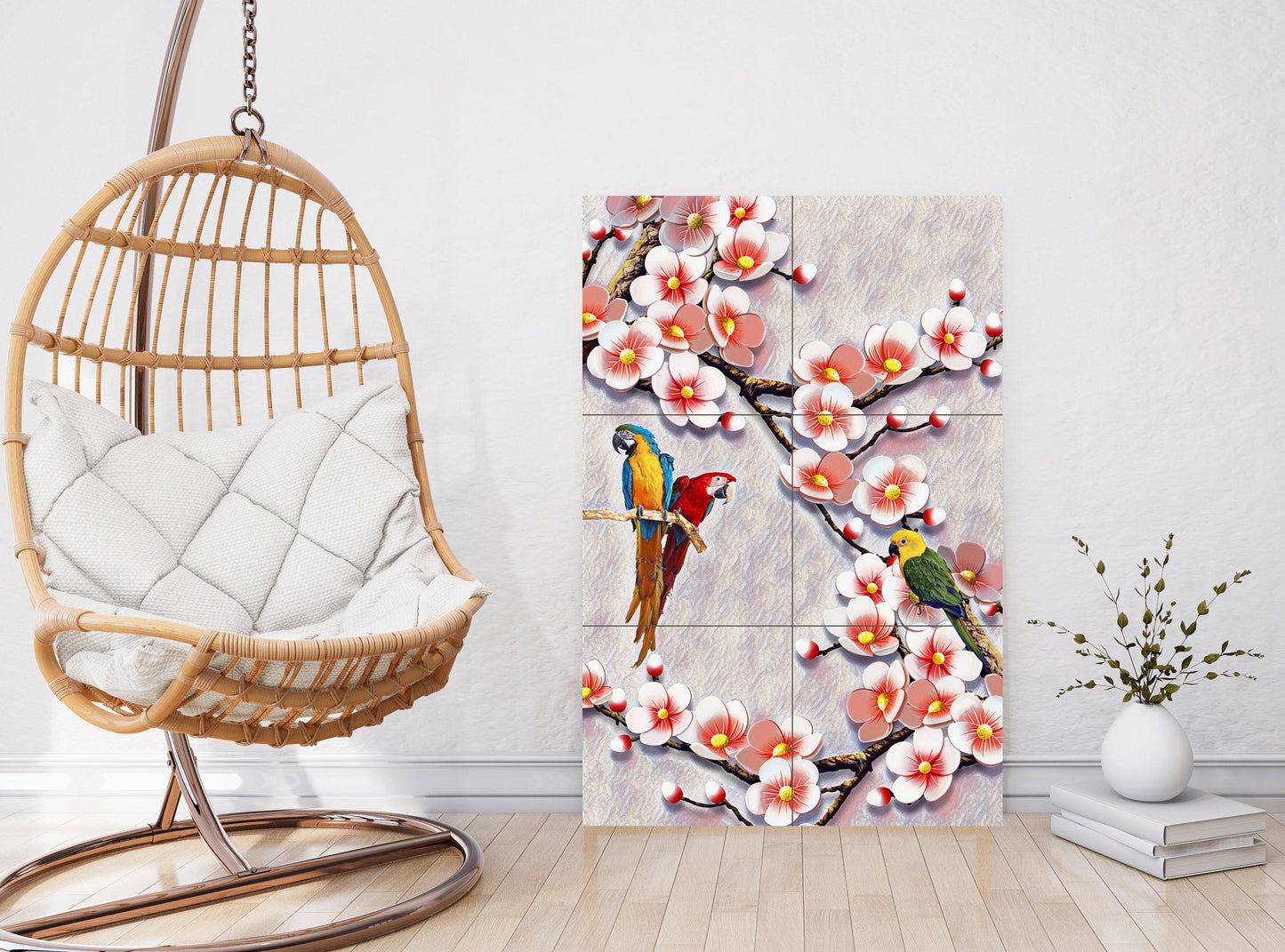 Tile Mural/Mosaic Ceramic Panel of Parrot and Flowers - Parrot Wall Nature Art - Tile Mural - Gloss Tiles - Tile Mosaic, Kitchen Mural