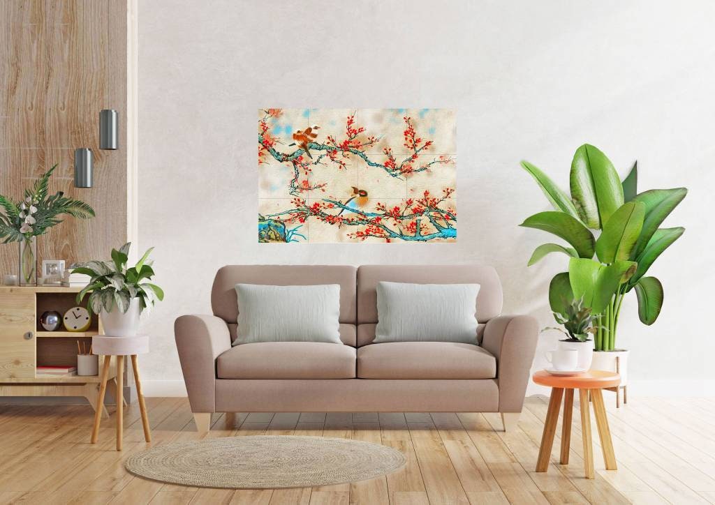 Tile Mural/Mosaic Ceramic Panel of Japanese Birds and Blossoms - Colourful Wall Nature Art - Tile Mural - Gloss Tiles - Tile Mosaic