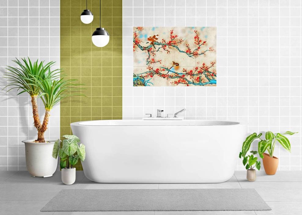 Tile Mural/Mosaic Ceramic Panel of Japanese Birds and Blossoms - Colourful Wall Nature Art - Tile Mural - Gloss Tiles - Tile Mosaic