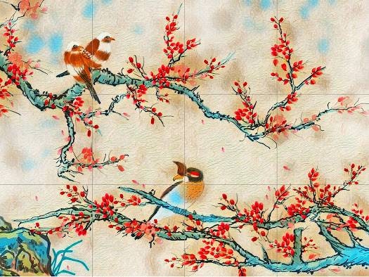Tile Mural/Mosaic Ceramic Panel of Japanese Birds and Blossoms - Colourful Wall Nature Art - Tile Mural - Gloss Tiles - Tile Mosaic