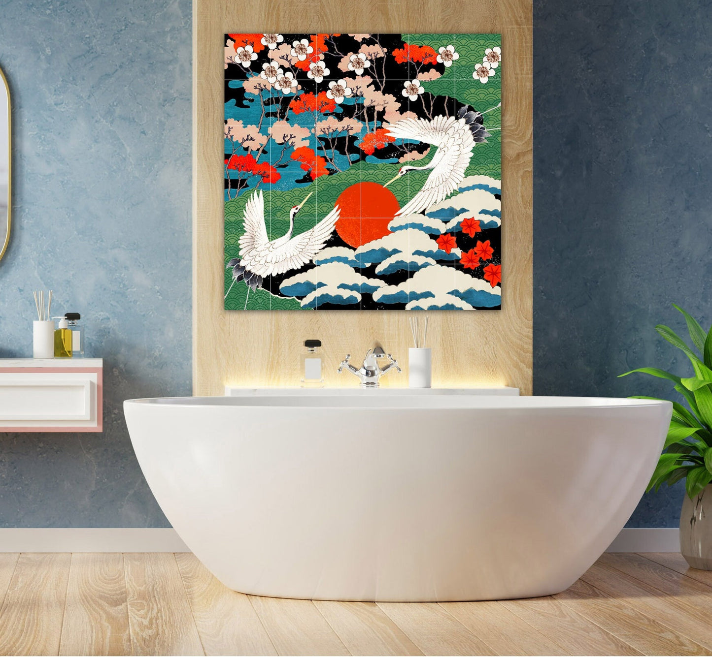 Tile Mural/Mosaic Ceramic Panel of Japanese Cranes - Japanese Cranes wall print - Japanese print - Tile Mural - Gloss Tiles - Tile Mosaic