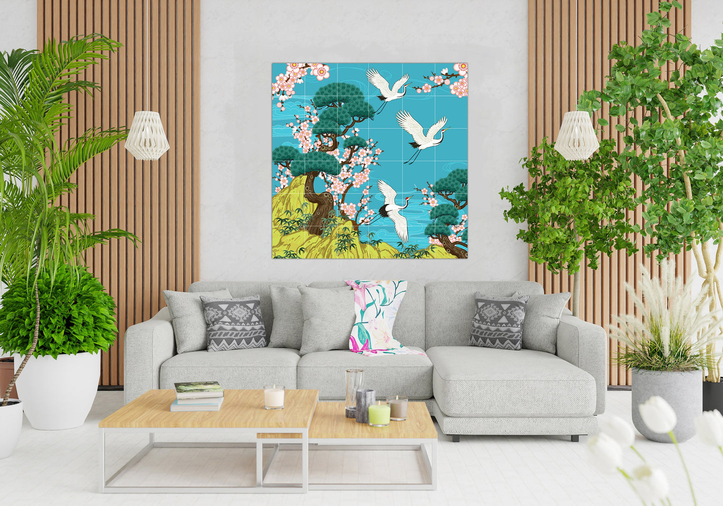 Tile Mural/Mosaic Ceramic Panel of Japanese Cranes - Japanese Cranes wall print - Cranes wall print Tile Mural - Gloss Tiles - Tile Mosaic