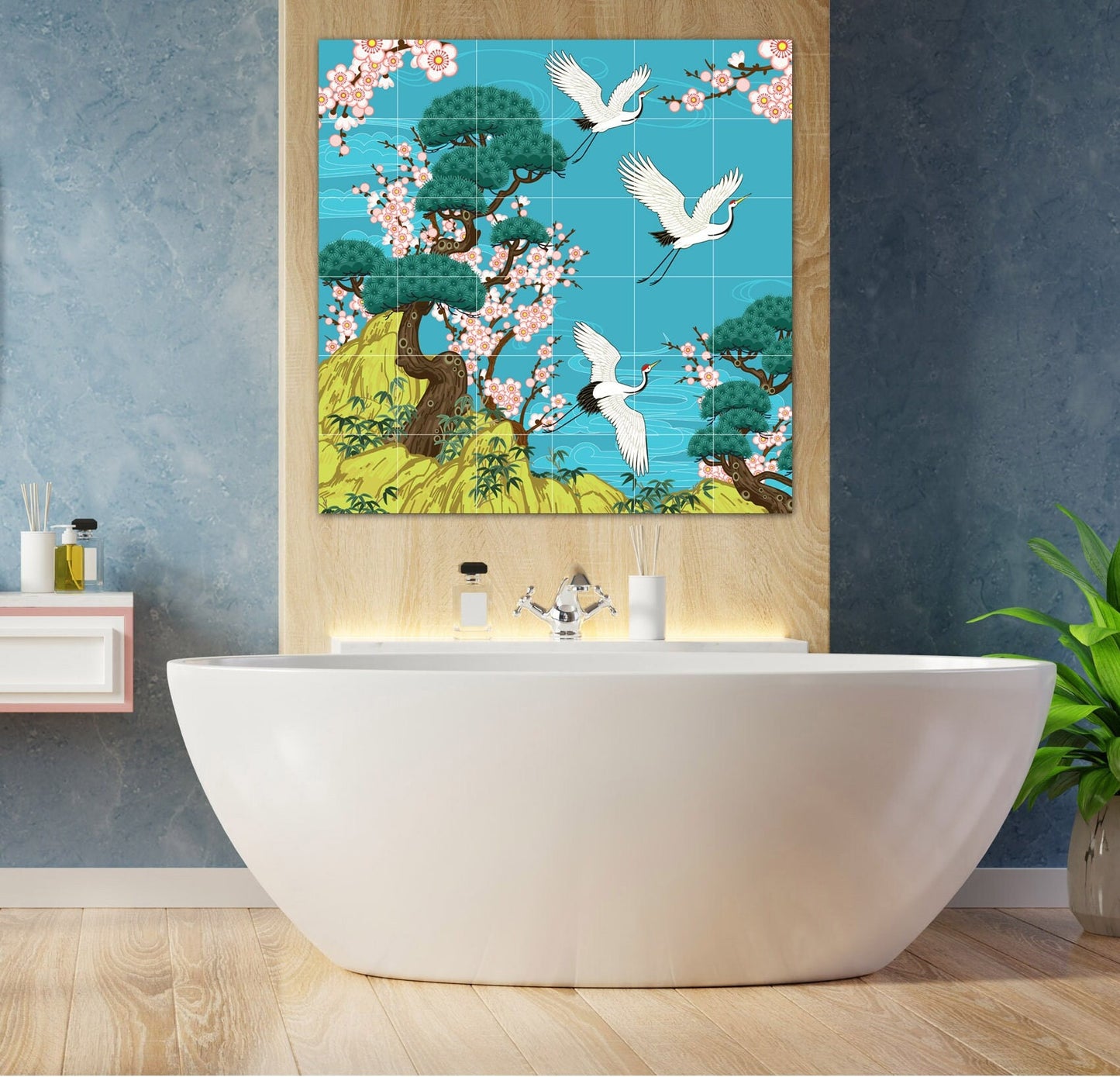 Tile Mural/Mosaic Ceramic Panel of Japanese Cranes - Japanese Cranes wall print - Cranes wall print Tile Mural - Gloss Tiles - Tile Mosaic
