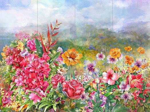 Tile Mural/Mosaic Ceramic of Flowers Watercolour Painting - Flowers Print - Flower Wall Art - Floral Tile Mural -Gloss Tiles - Tile Mosaic
