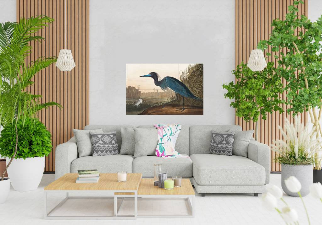Tile Mural/Mosaic Ceramic Panel of a Blue Crane, Heron- John James Audubon - Wall Nature Art - Tile Mural - Gloss Tiles - Bird Tile Mosaic