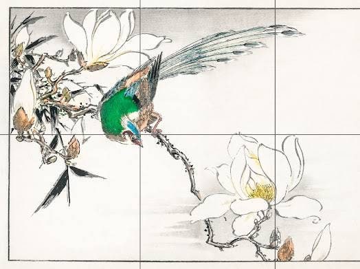 Tile Mural/Mosaic Ceramic Panel of Chinese Tree Pipit and Magnolia- Numata Kashu- Wall Nature Art-Tile Mural- Gloss Tiles - Bird Tile Mosaic