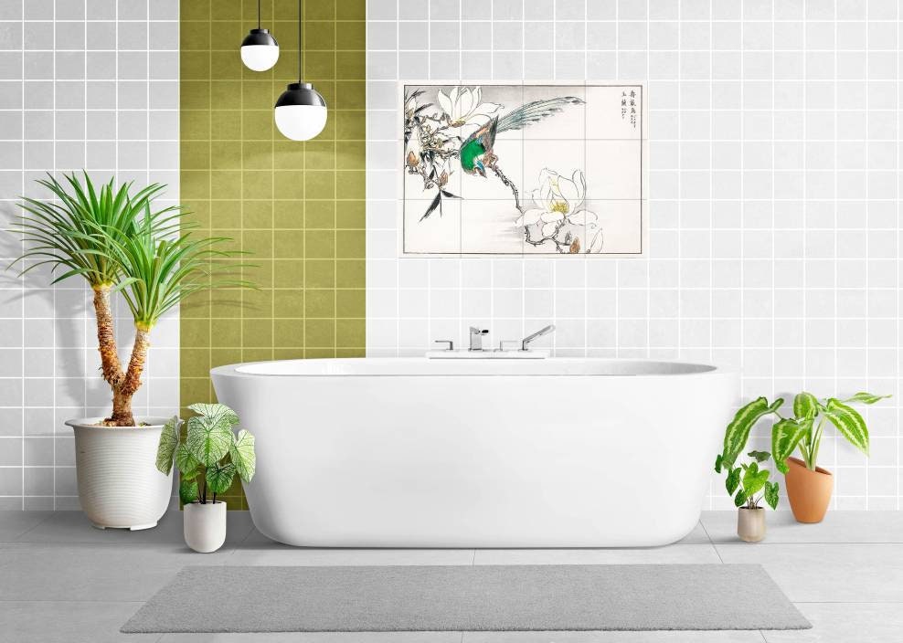 Tile Mural/Mosaic Ceramic Panel of Chinese Tree Pipit and Magnolia- Numata Kashu- Wall Nature Art-Tile Mural- Gloss Tiles - Bird Tile Mosaic