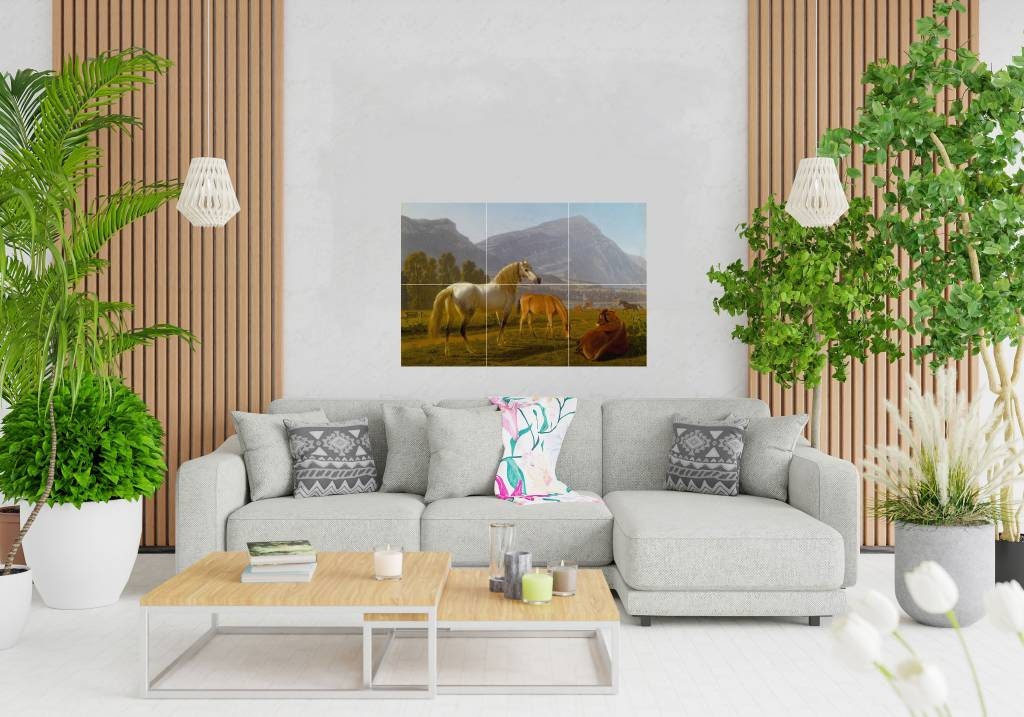 Tile Mural/Mosaic Ceramic Panel of Johann Jakob Biedermann Alpine Landscape with Horses - Horse wall print - Gloss Tiles - Tile Mosaic