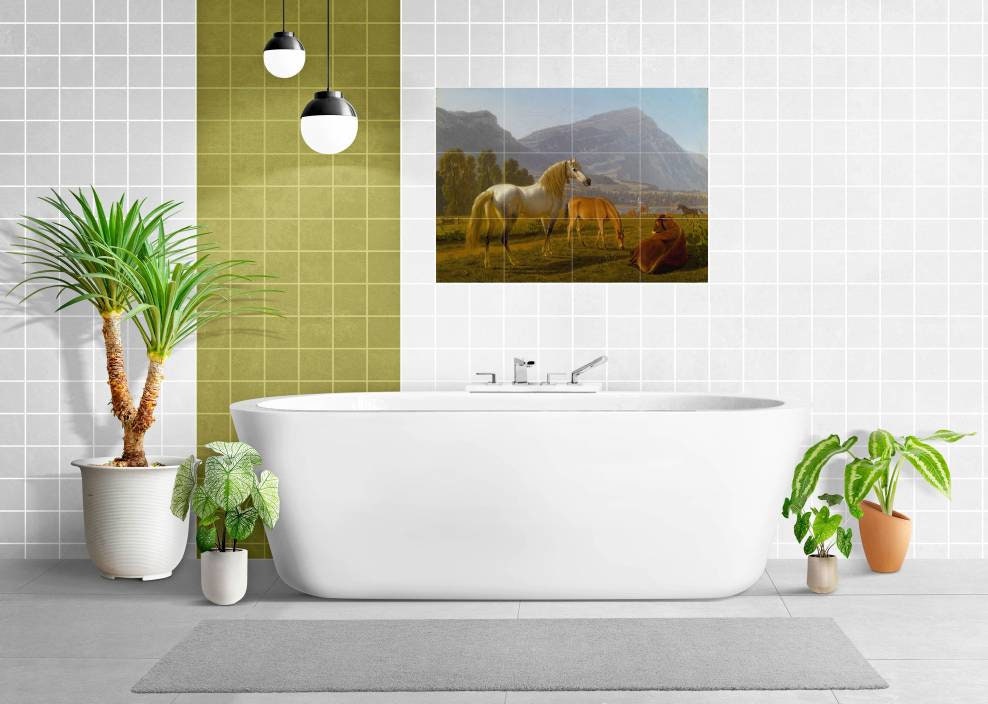 Tile Mural/Mosaic Ceramic Panel of Johann Jakob Biedermann Alpine Landscape with Horses - Horse wall print - Gloss Tiles - Tile Mosaic