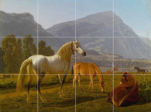 Tile Mural/Mosaic Ceramic Panel of Johann Jakob Biedermann Alpine Landscape with Horses - Horse wall print - Gloss Tiles - Tile Mosaic