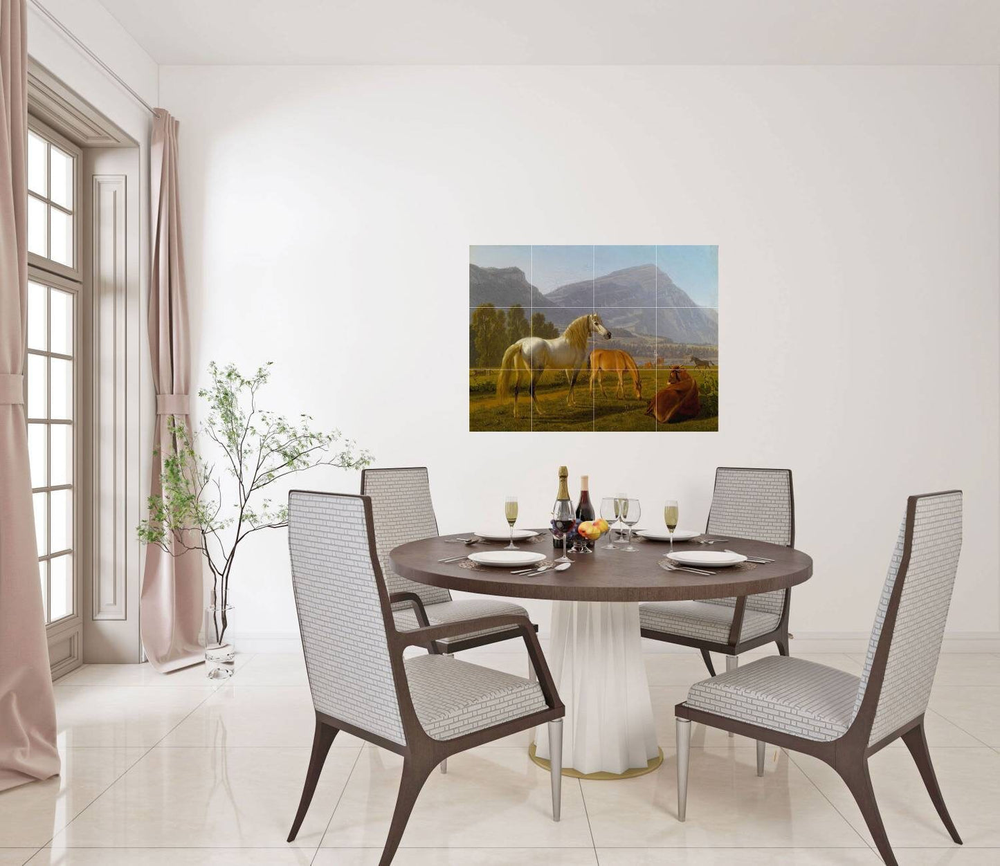 Tile Mural/Mosaic Ceramic Panel of Johann Jakob Biedermann Alpine Landscape with Horses - Horse wall print - Gloss Tiles - Tile Mosaic