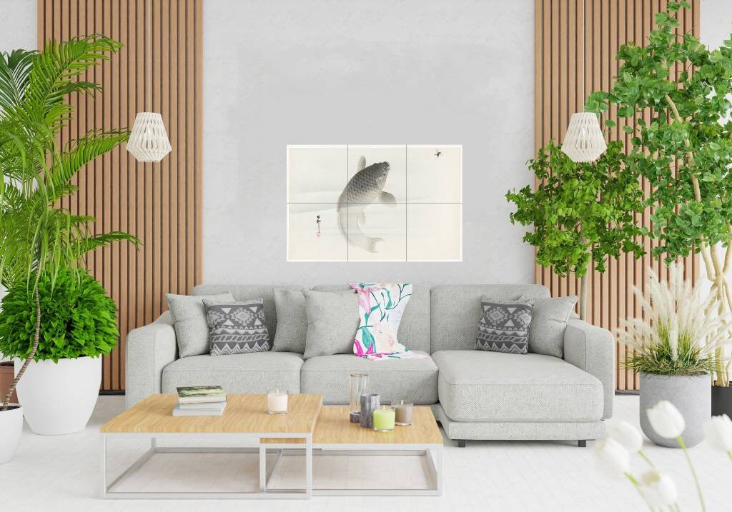 Tile Mural/Mosaic Ceramic Panel of Carp and Fly by Ohara Koson - Koson wall print - Tile Mural - Gloss Tiles - Tile Mosaic - Fish Mural