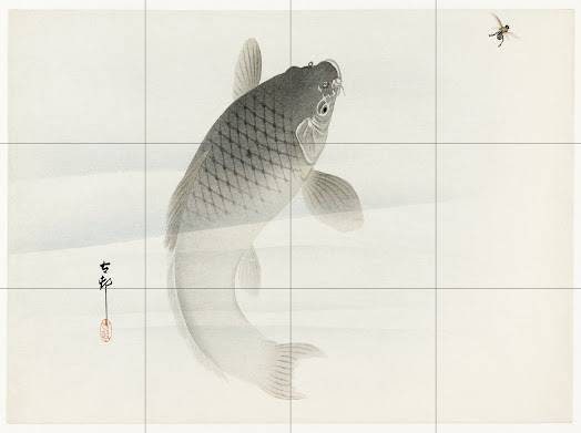 Tile Mural/Mosaic Ceramic Panel of Carp and Fly by Ohara Koson - Koson wall print - Tile Mural - Gloss Tiles - Tile Mosaic - Fish Mural