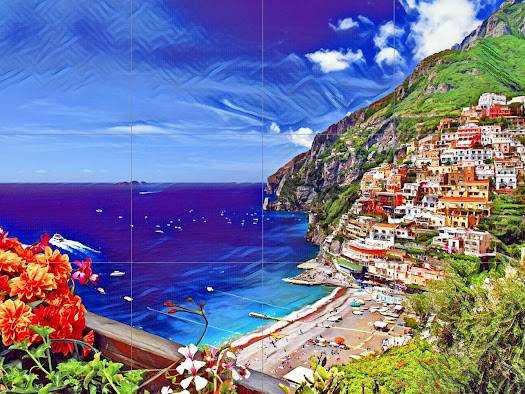 Tile Mural/Mosaic Ceramic Panel of Positano - Positiano wall print Positano wall art - Tile Mural - Italian Mosaic -Gloss Tiles -Tile Mosaic