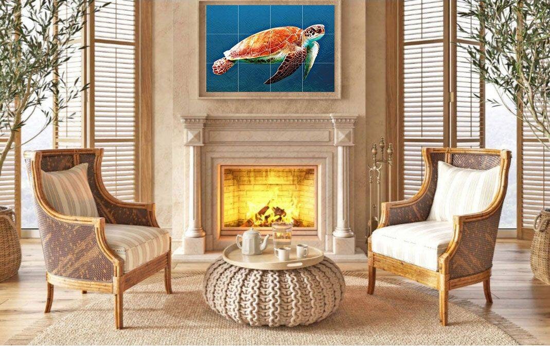Tile Mural/Mosaic Ceramic Panel of a Sea Turtle in the Ocean - Colourful Wall Nature Art - Tile Mural - Gloss Tiles - Tile Mosaic