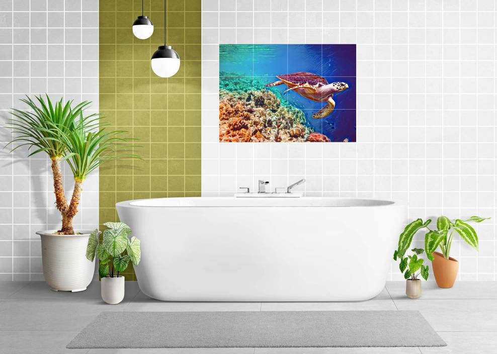 Sea Turtle Mosaic Tile Mural |Turtle Tile Backsplash, Wall Art & Home Decor | Sea Turtle Tile,Turtle Wall Art,Sea Animal Print, Turtle Print