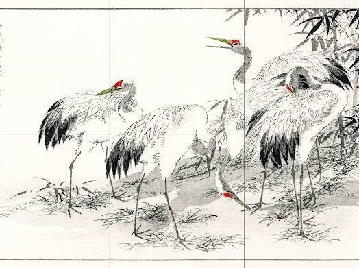 Tile Mural/Mosaic Ceramic Panel of Numata Kashu Japanese Crane and Bamboo - Crane Bird print - Tile Mural - Gloss Tiles - Bird Tile Mosaic