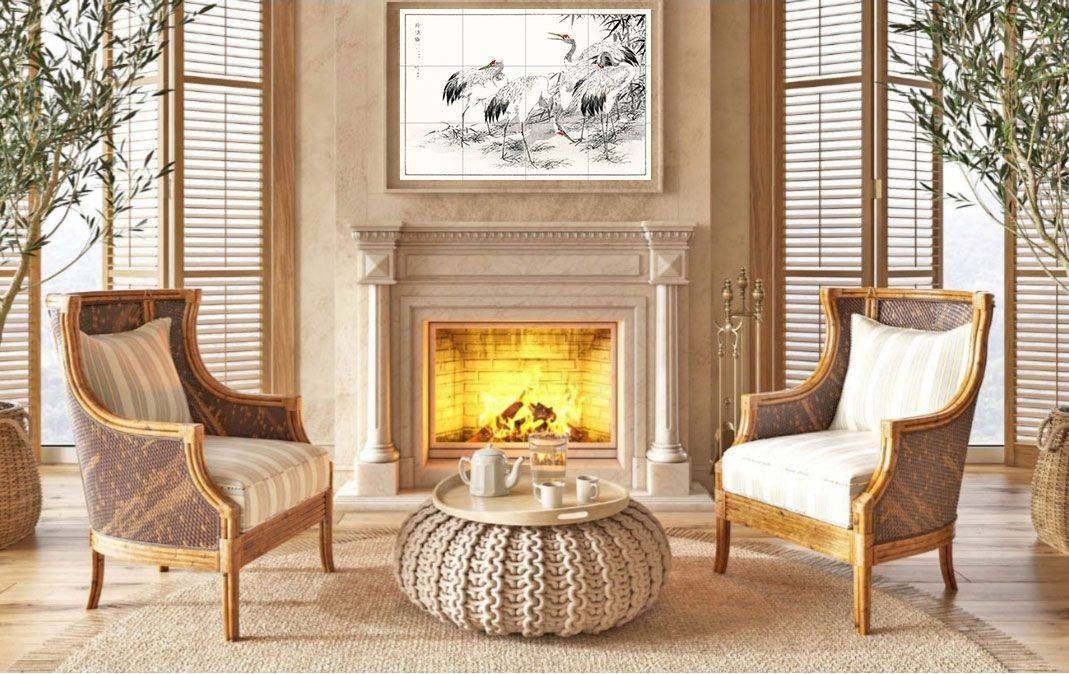 Tile Mural/Mosaic Ceramic Panel of Numata Kashu Japanese Crane and Bamboo - Crane Bird print - Tile Mural - Gloss Tiles - Bird Tile Mosaic