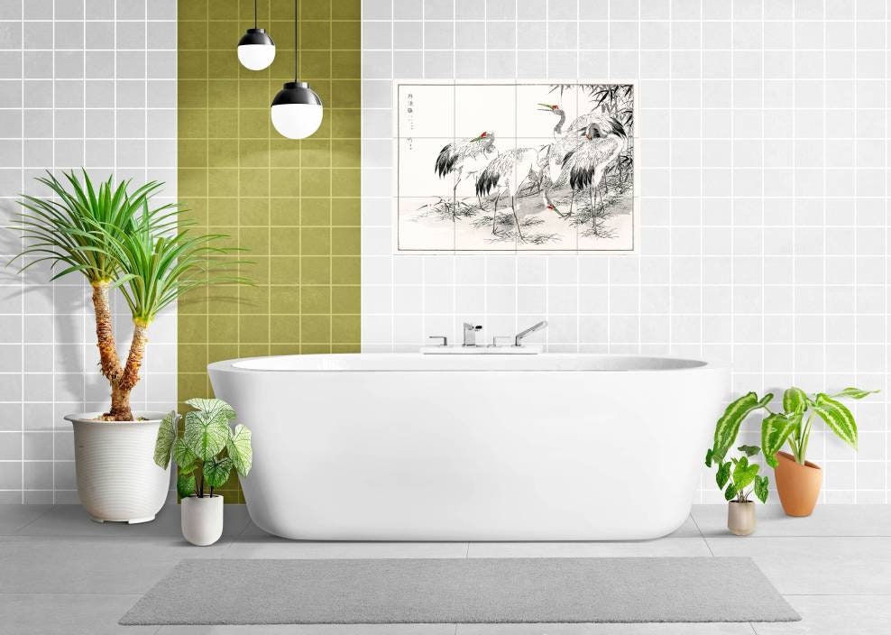 Tile Mural/Mosaic Ceramic Panel of Numata Kashu Japanese Crane and Bamboo - Crane Bird print - Tile Mural - Gloss Tiles - Bird Tile Mosaic