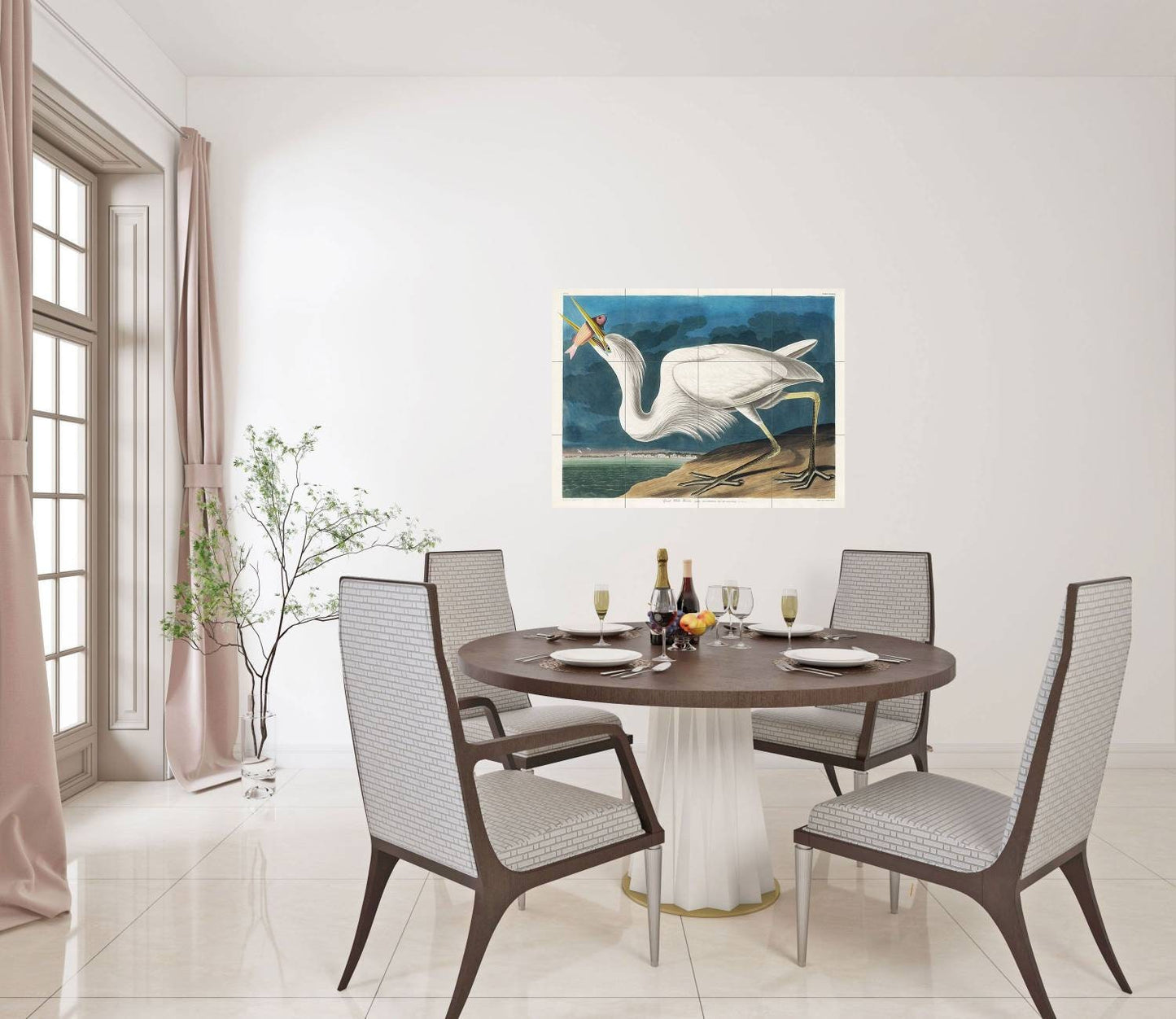 Tile Mural/Mosaic Ceramic Panel of John James Audubon Great White Heron -Audubon Print - Tile Mural - Gloss Tiles - Bird Tile Mosaic