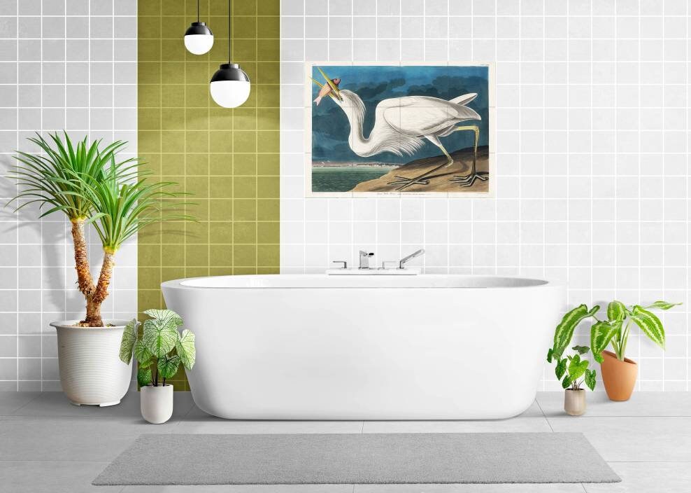 Tile Mural/Mosaic Ceramic Panel of John James Audubon Great White Heron -Audubon Print - Tile Mural - Gloss Tiles - Bird Tile Mosaic