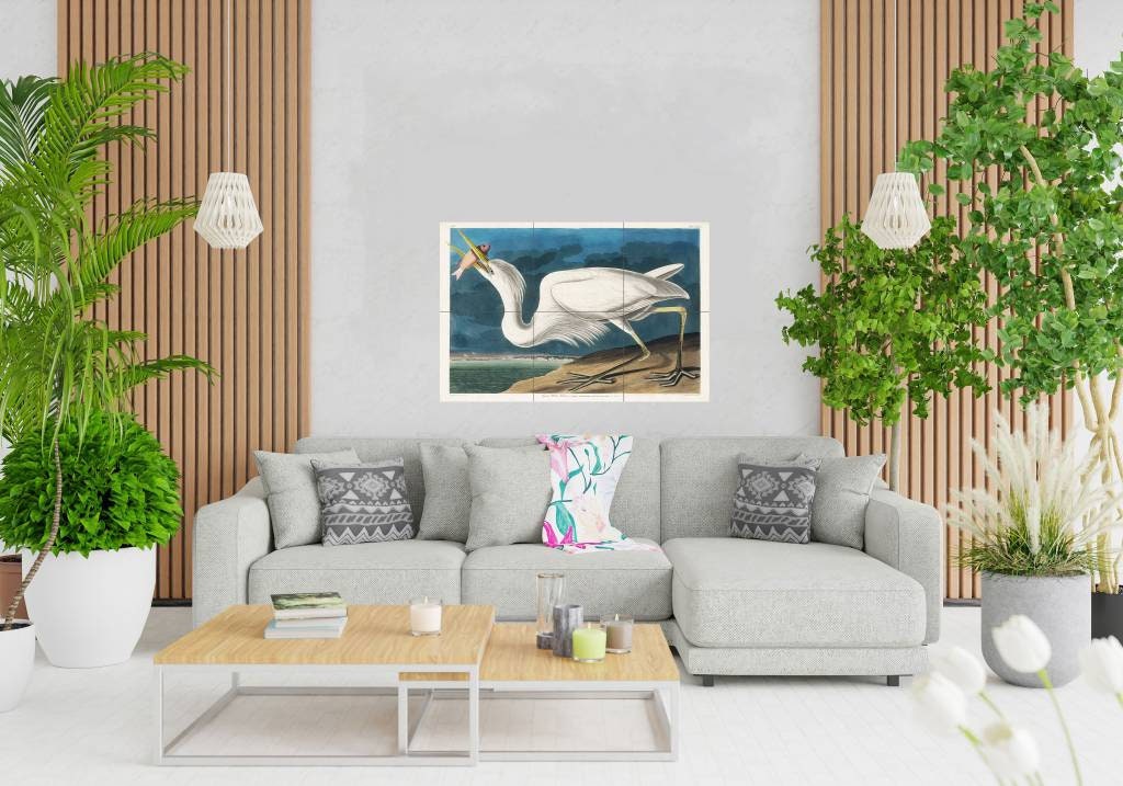 Tile Mural/Mosaic Ceramic Panel of John James Audubon Great White Heron -Audubon Print - Tile Mural - Gloss Tiles - Bird Tile Mosaic