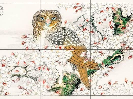 Tile Mural/Mosaic Ceramic Panel of Numata Kashu Short Eared Owl and Cherry Flower - Kashu Wall print - Bird Tile Mosaic - Japanese Mural